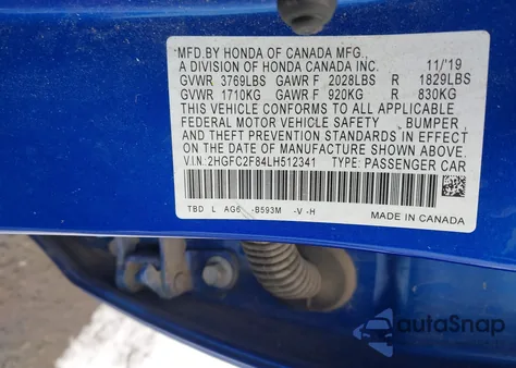 2020 Honda Civic Sport z USA, uszkodzony, nr VIN 2HGFC2F84LH512341